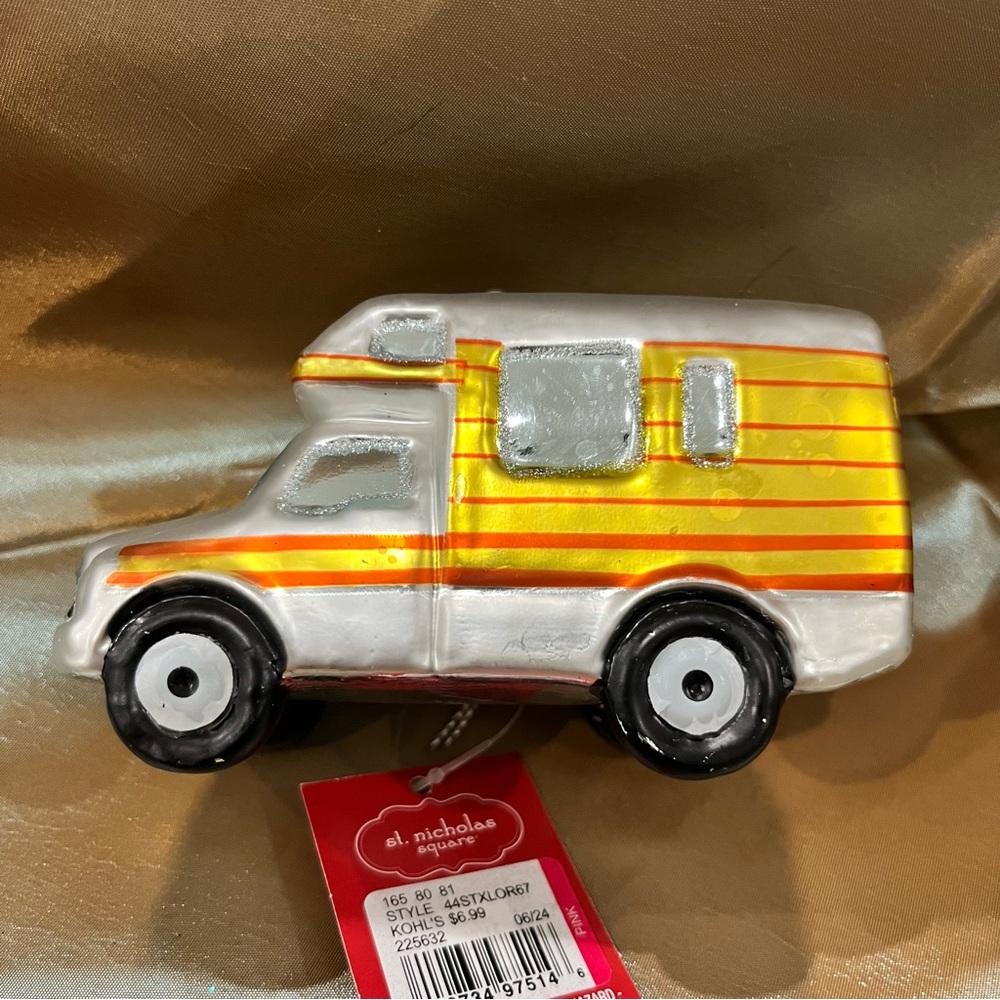 RV Ornament Blown Glass Camping Truck St. Nicholas Square Silver and Orange